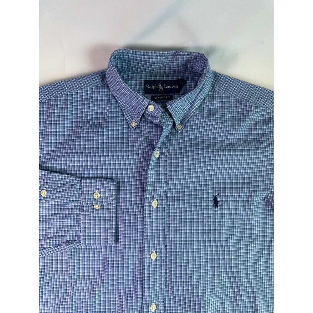 Ralph‎ Lauren Mens Large Blue Checkered Button Down Pony Long Sleeve Classic Fit